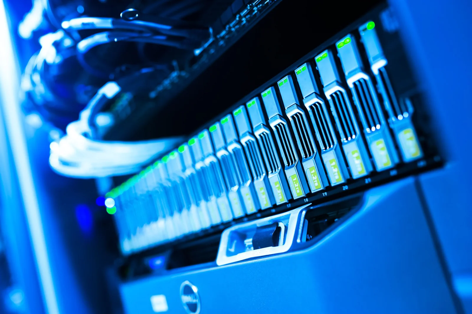 Real server hardware and cabling inside a data centre.