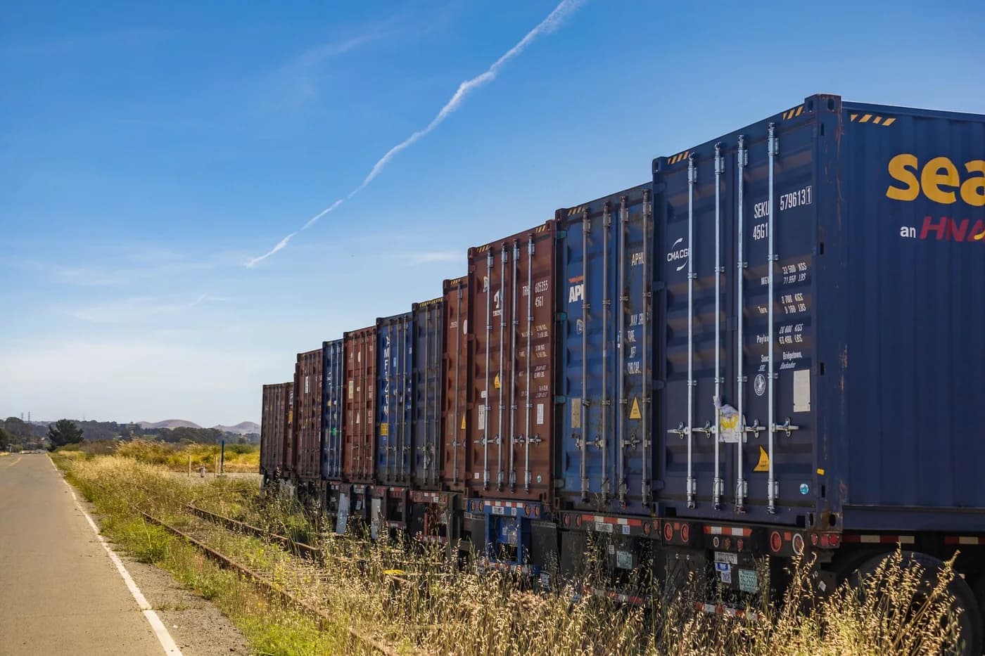 Freight train hauling intermodal containers.